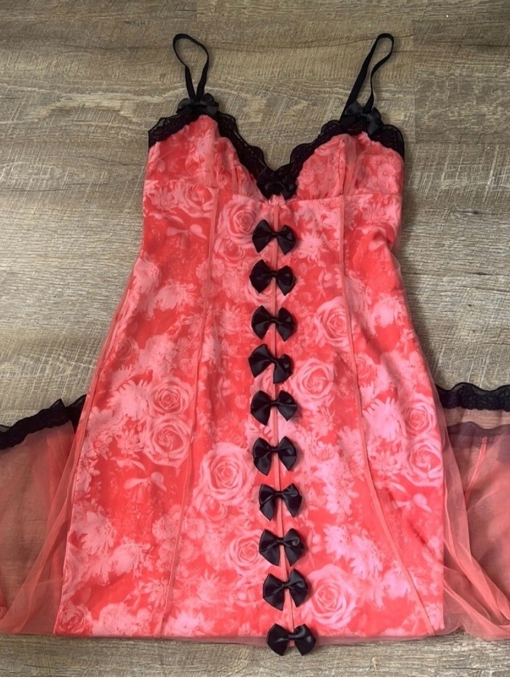 Women's Pink Floral Lace-Trim Nightie with Black Bow Accents
